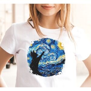 Starry Night Cat T-Shirt Van Gogh Art, Funny Cat Owner Gift White